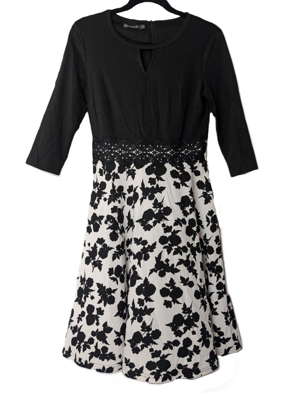 Vintage Owin Black White Floral Lace A-Line Swing Flared Dress Small S